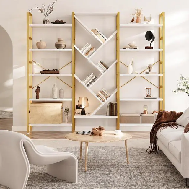Alt view image 3 of 3 - 70x70 Triple 5 Tier Book Shelf, Large Wooden Bookcase with 17 Open Display Shelf, Modern Tree Bookshelf Metal Frame Tall Book Case Furniture for Living Room Bedroom Home Office White & Gold