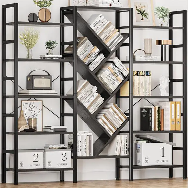 Main image of 70x70 Triple 5 Tier Book Shelf, Large Wooden Bookcase with 17 Open Display Shelf, Modern Tree Bookshelf Metal Frame Tall Book Case Furniture for Living Room Bedroom Home Office Black