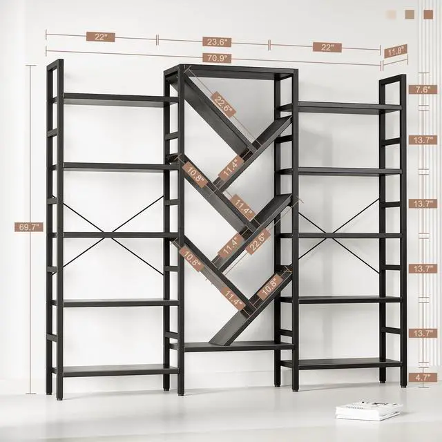 Alt view image 2 of 6 - 70x70 Triple 5 Tier Book Shelf, Large Wooden Bookcase with 17 Open Display Shelf, Modern Tree Bookshelf Metal Frame Tall Book Case Furniture for Living Room Bedroom Home Office Black