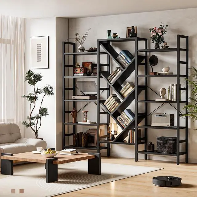 Alt view image 3 of 6 - 70x70 Triple 5 Tier Book Shelf, Large Wooden Bookcase with 17 Open Display Shelf, Modern Tree Bookshelf Metal Frame Tall Book Case Furniture for Living Room Bedroom Home Office Black