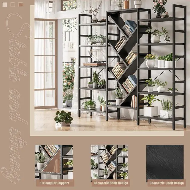 Alt view image 5 of 6 - 70x70 Triple 5 Tier Book Shelf, Large Wooden Bookcase with 17 Open Display Shelf, Modern Tree Bookshelf Metal Frame Tall Book Case Furniture for Living Room Bedroom Home Office Black