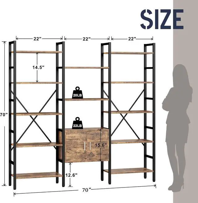 Alt view image 2 of 6 - 70" Triple 5 Tier Book Shelf, Large Industrial Bookcase with Storage Cabinet, Tall Bookshelf with Open Display Shelves Furniture for Living Room Bedroom Home Office Rustic Brown