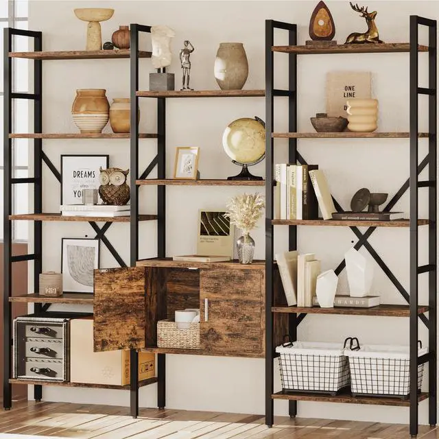 Alt view image 3 of 6 - 70" Triple 5 Tier Book Shelf, Large Industrial Bookcase with Storage Cabinet, Tall Bookshelf with Open Display Shelves Furniture for Living Room Bedroom Home Office Rustic Brown