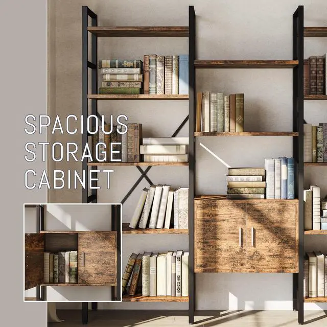 Alt view image 4 of 6 - 70" Triple 5 Tier Book Shelf, Large Industrial Bookcase with Storage Cabinet, Tall Bookshelf with Open Display Shelves Furniture for Living Room Bedroom Home Office Rustic Brown