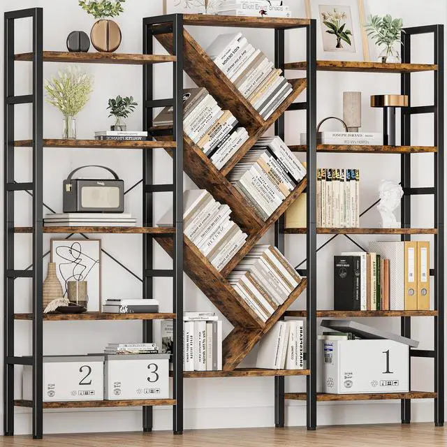 Main image of 70x70 Triple 5 Tier Book Shelf, Large Wooden Bookcase with 17 Open Display Shelf, Modern Tree Bookshelf Metal Frame Tall Book Case Furniture for Living Room Bedroom Home Office Rustic Brown