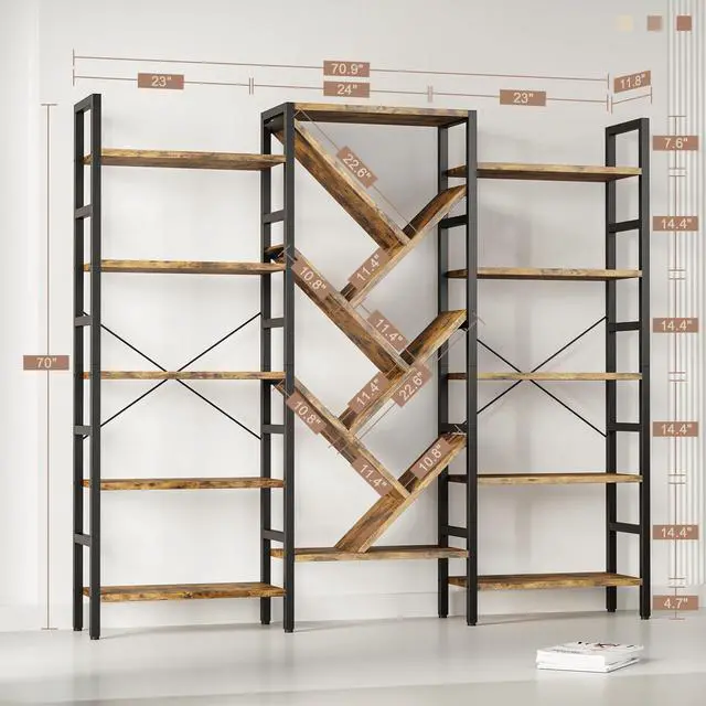 Alt view image 2 of 6 - 70x70 Triple 5 Tier Book Shelf, Large Wooden Bookcase with 17 Open Display Shelf, Modern Tree Bookshelf Metal Frame Tall Book Case Furniture for Living Room Bedroom Home Office Rustic Brown