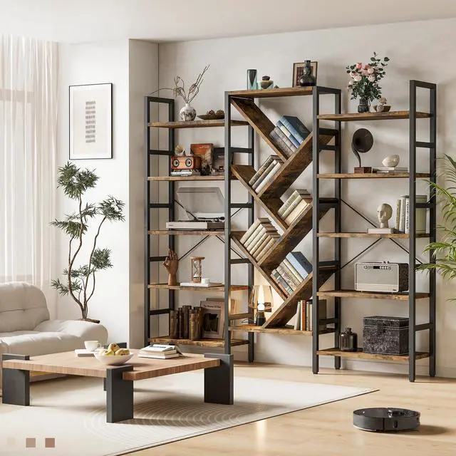 Alt view image 3 of 6 - 70x70 Triple 5 Tier Book Shelf, Large Wooden Bookcase with 17 Open Display Shelf, Modern Tree Bookshelf Metal Frame Tall Book Case Furniture for Living Room Bedroom Home Office Rustic Brown