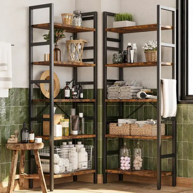 Alt view image 4 of 6 - 70x70 Triple 5 Tier Book Shelf, Large Wooden Bookcase with 17 Open Display Shelf, Modern Tree Bookshelf Metal Frame Tall Book Case Furniture for Living Room Bedroom Home Office Rustic Brown