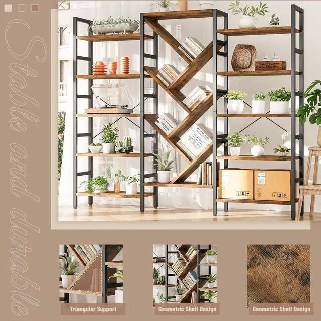 Alt view image 5 of 6 - 70x70 Triple 5 Tier Book Shelf, Large Wooden Bookcase with 17 Open Display Shelf, Modern Tree Bookshelf Metal Frame Tall Book Case Furniture for Living Room Bedroom Home Office Rustic Brown