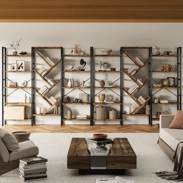 Alt view image 6 of 6 - 70x70 Triple 5 Tier Book Shelf, Large Wooden Bookcase with 17 Open Display Shelf, Modern Tree Bookshelf Metal Frame Tall Book Case Furniture for Living Room Bedroom Home Office Rustic Brown