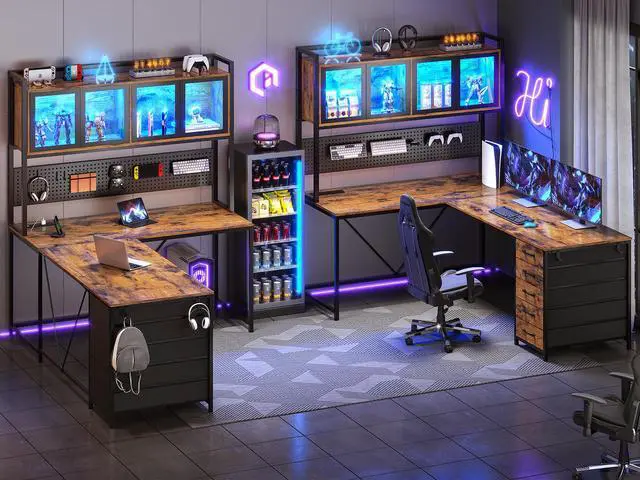 Alt view image 2 of 6 - L Shaped Gaming Desk with Drawers, L Shaped Computer Desk with Hutch and Storage Shelves, Gaming Desk with Pegboard, Led Lights, and Power Outlet, Home Office Desk, Corner Desk, Rustic Brown