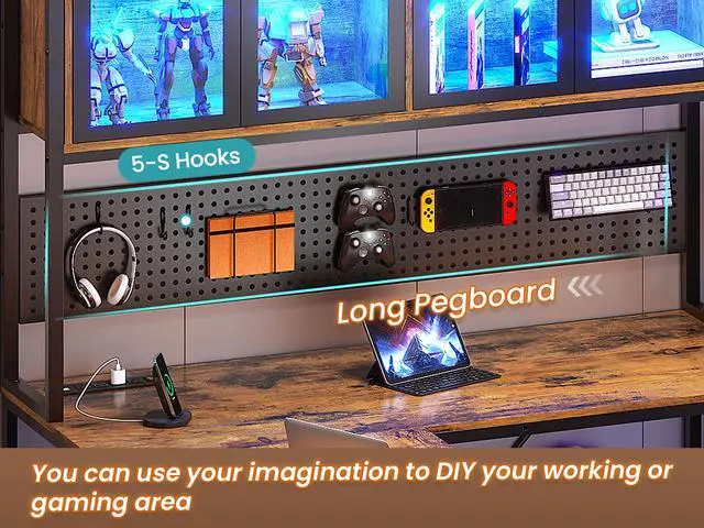 Alt view image 4 of 6 - L Shaped Gaming Desk with Drawers, L Shaped Computer Desk with Hutch and Storage Shelves, Gaming Desk with Pegboard, Led Lights, and Power Outlet, Home Office Desk, Corner Desk, Rustic Brown