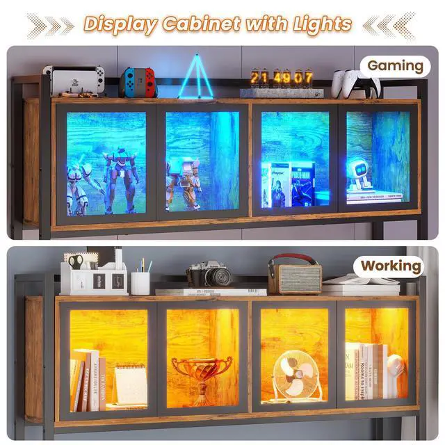 Alt view image 5 of 6 - L Shaped Gaming Desk with Drawers, L Shaped Computer Desk with Hutch and Storage Shelves, Gaming Desk with Pegboard, Led Lights, and Power Outlet, Home Office Desk, Corner Desk, Rustic Brown