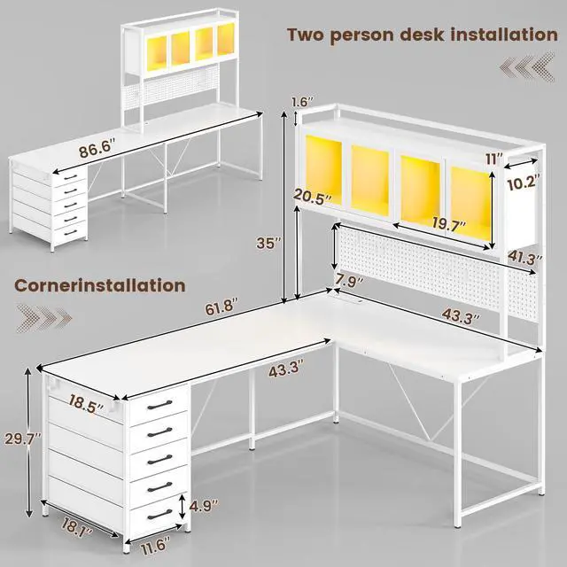 Alt view image 2 of 6 - L Shaped Gaming Desk with Drawers, L Shaped Computer Desk with Hutch and Storage Shelves, Gaming Desk with Pegboard, Led Lights, and Power Outlet, Home Office Desk, Corner Desk, White