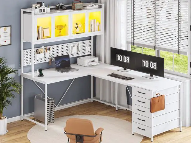 Alt view image 3 of 6 - L Shaped Gaming Desk with Drawers, L Shaped Computer Desk with Hutch and Storage Shelves, Gaming Desk with Pegboard, Led Lights, and Power Outlet, Home Office Desk, Corner Desk, White