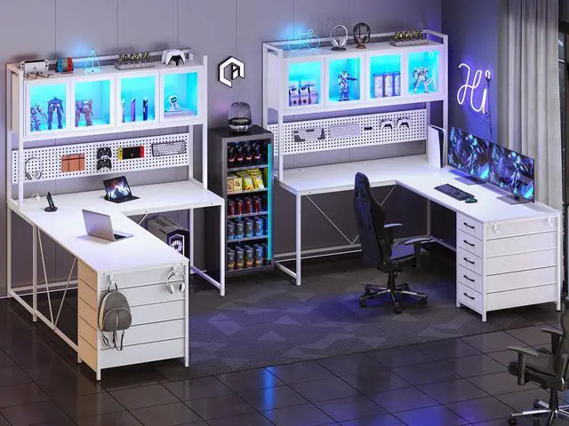 Alt view image 4 of 6 - L Shaped Gaming Desk with Drawers, L Shaped Computer Desk with Hutch and Storage Shelves, Gaming Desk with Pegboard, Led Lights, and Power Outlet, Home Office Desk, Corner Desk, White