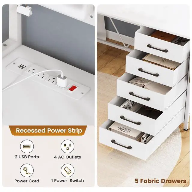 Alt view image 5 of 6 - L Shaped Gaming Desk with Drawers, L Shaped Computer Desk with Hutch and Storage Shelves, Gaming Desk with Pegboard, Led Lights, and Power Outlet, Home Office Desk, Corner Desk, White
