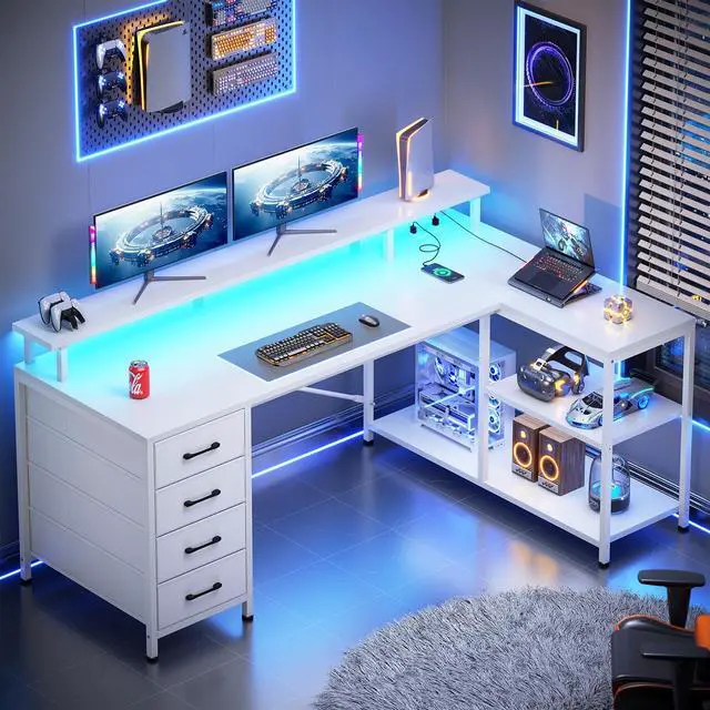 Main image of L Shaped Desk with 4 Drawers and Storage Shelves, L Shaped Gaming Desk with LED Lights & Power Outlets, Computer Desk with Shelves & Drawer, Corner Desk Home Office Desk, White