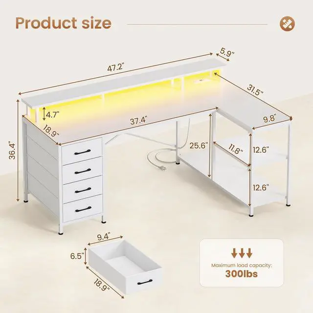 Alt view image 2 of 6 - L Shaped Desk with 4 Drawers and Storage Shelves, L Shaped Gaming Desk with LED Lights & Power Outlets, Computer Desk with Shelves & Drawer, Corner Desk Home Office Desk, White