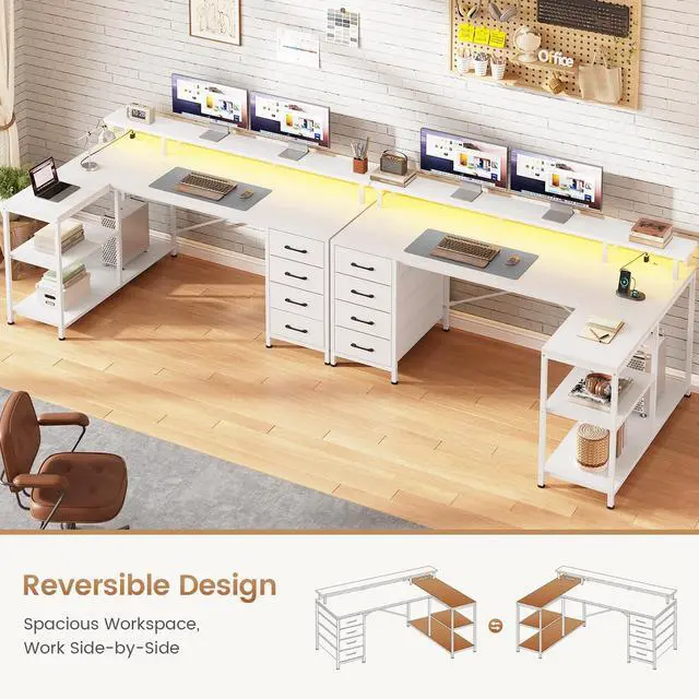 Alt view image 3 of 6 - L Shaped Desk with 4 Drawers and Storage Shelves, L Shaped Gaming Desk with LED Lights & Power Outlets, Computer Desk with Shelves & Drawer, Corner Desk Home Office Desk, White