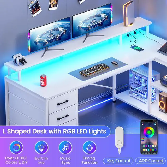 Alt view image 5 of 6 - L Shaped Desk with 4 Drawers and Storage Shelves, L Shaped Gaming Desk with LED Lights & Power Outlets, Computer Desk with Shelves & Drawer, Corner Desk Home Office Desk, White
