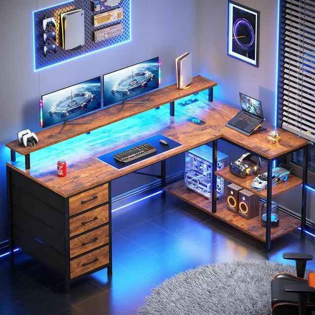 Alt view image 2 of 6 - L Shaped Desk with 4 Drawers and Storage Shelves, L Shaped Gaming Desk with LED Lights & Power Outlets, Computer Desk with Shelves & Drawer, Corner Desk Home Office Desk, Rustic Brown