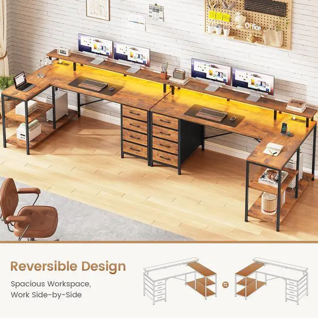 Alt view image 4 of 6 - L Shaped Desk with 4 Drawers and Storage Shelves, L Shaped Gaming Desk with LED Lights & Power Outlets, Computer Desk with Shelves & Drawer, Corner Desk Home Office Desk, Rustic Brown