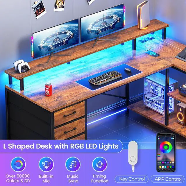 Alt view image 5 of 6 - L Shaped Desk with 4 Drawers and Storage Shelves, L Shaped Gaming Desk with LED Lights & Power Outlets, Computer Desk with Shelves & Drawer, Corner Desk Home Office Desk, Rustic Brown