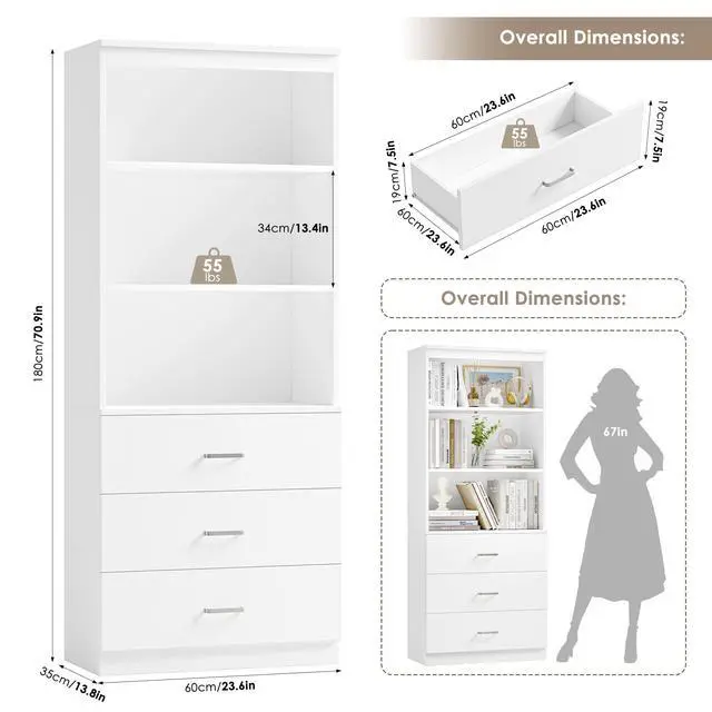 Alt view image 2 of 6 - 71" H White Bookshelf with Drawers, Bookshelf and Bookcase with 3-Tier Open Shelves, Tall Bookcase Tall Storage Cabinet for Home Office