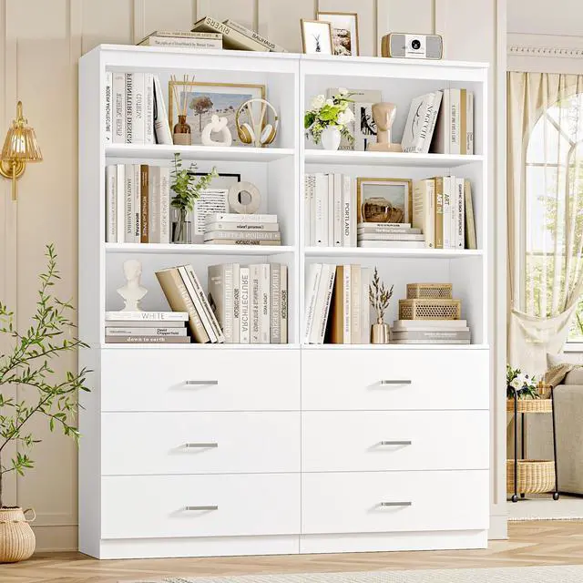 Alt view image 3 of 6 - 71" H White Bookshelf with Drawers, Bookshelf and Bookcase with 3-Tier Open Shelves, Tall Bookcase Tall Storage Cabinet for Home Office