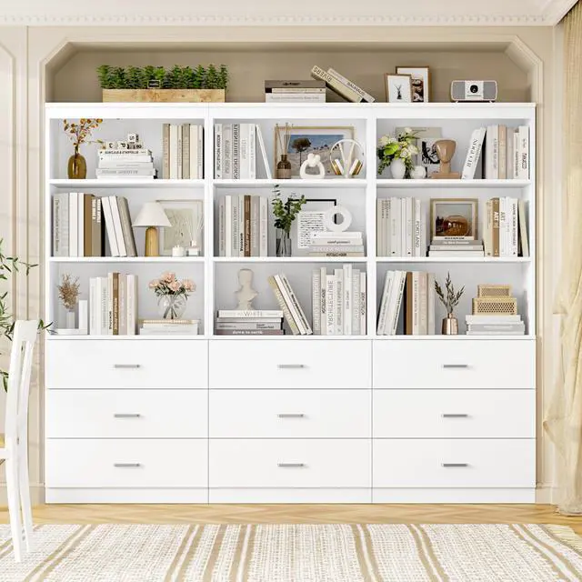 Alt view image 4 of 6 - 71" H White Bookshelf with Drawers, Bookshelf and Bookcase with 3-Tier Open Shelves, Tall Bookcase Tall Storage Cabinet for Home Office