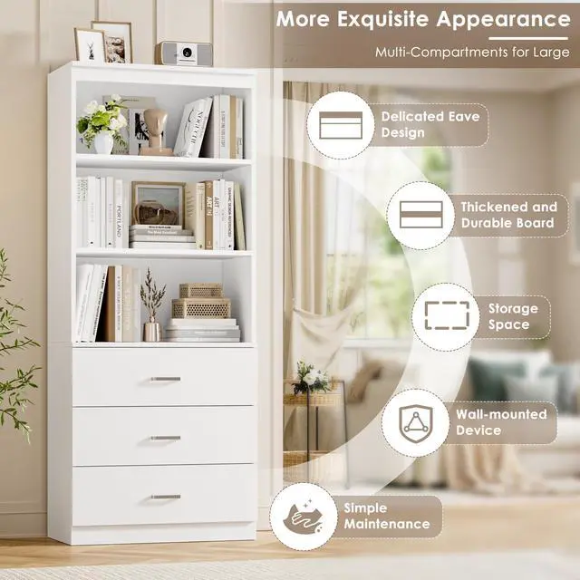 Alt view image 5 of 6 - 71" H White Bookshelf with Drawers, Bookshelf and Bookcase with 3-Tier Open Shelves, Tall Bookcase Tall Storage Cabinet for Home Office