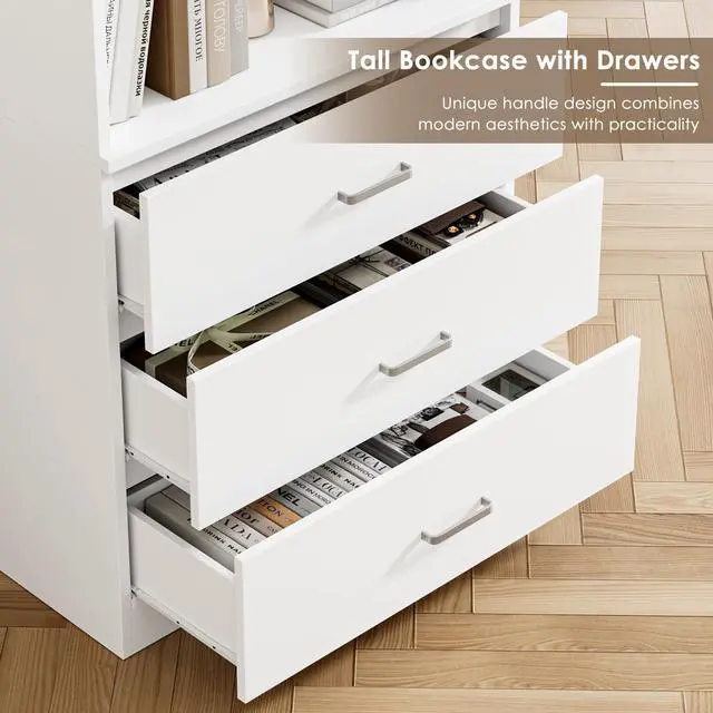 Alt view image 6 of 6 - 71" H White Bookshelf with Drawers, Bookshelf and Bookcase with 3-Tier Open Shelves, Tall Bookcase Tall Storage Cabinet for Home Office