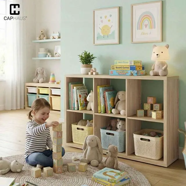 Alt view image 2 of 6 - Sturdy Room 13-Inch Cube Storage Organizer Shelf, with Extra Thick Exterior Edge, Open Storage Shelf Divider, Bookcase, 6-Cube, Natural Oak