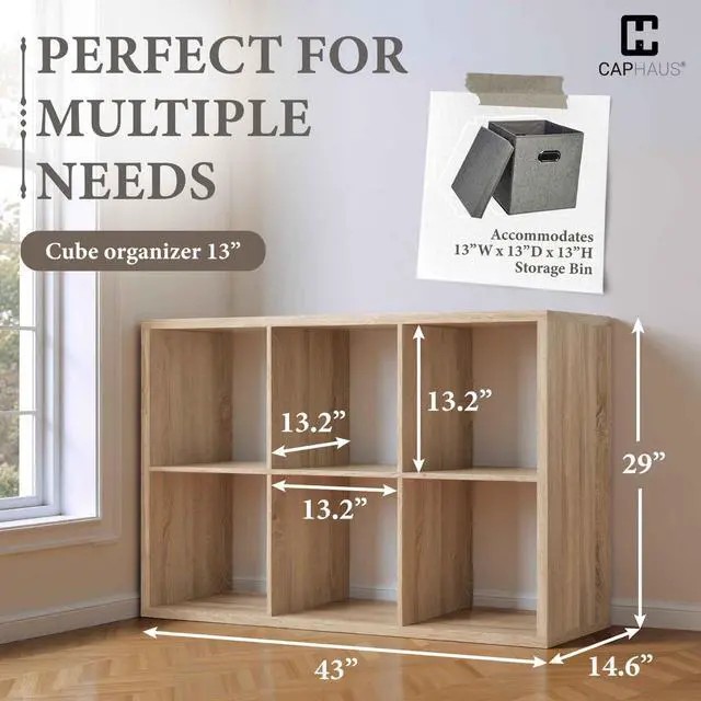 Alt view image 3 of 6 - Sturdy Room 13-Inch Cube Storage Organizer Shelf, with Extra Thick Exterior Edge, Open Storage Shelf Divider, Bookcase, 6-Cube, Natural Oak