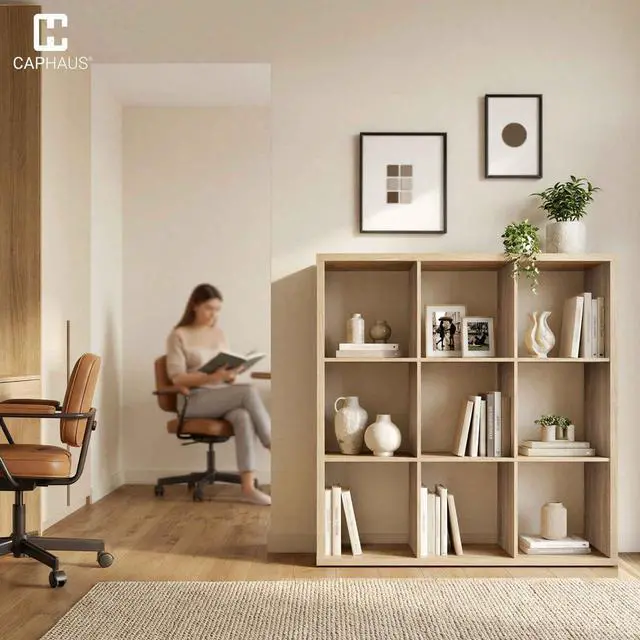 Alt view image 2 of 6 - Sturdy Room 13-Inch Cube Storage Organizer Shelf, with Extra Thick Exterior Edge, Open Storage Shelf Divider, Bookcase, 9-Cube, Natural Oak