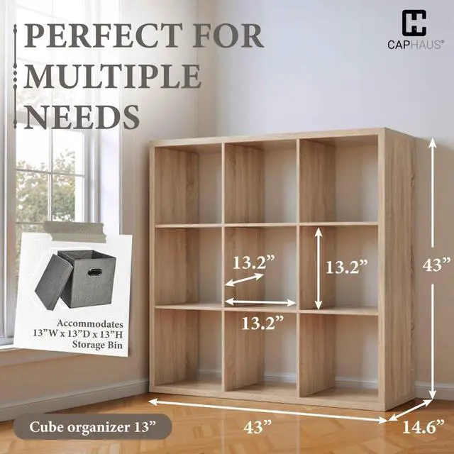 Alt view image 3 of 6 - Sturdy Room 13-Inch Cube Storage Organizer Shelf, with Extra Thick Exterior Edge, Open Storage Shelf Divider, Bookcase, 9-Cube, Natural Oak