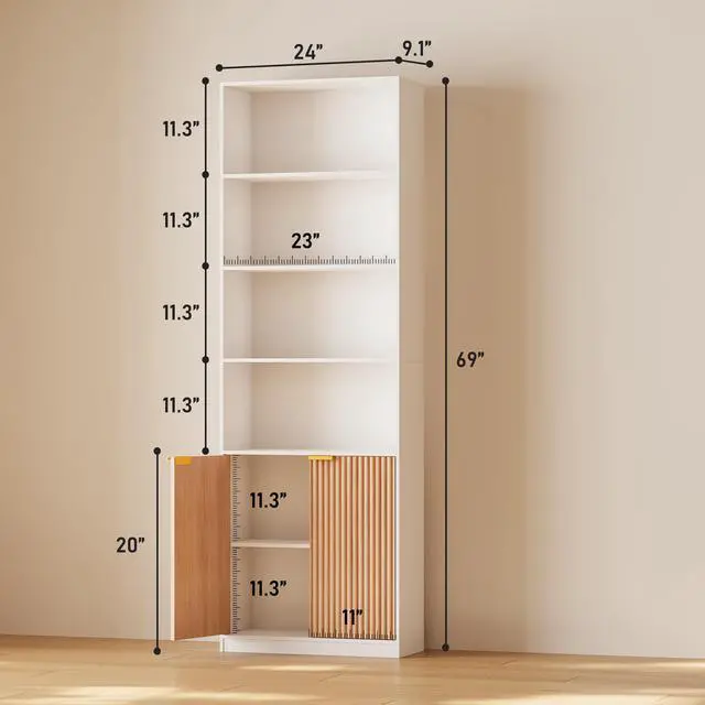 Alt view image 2 of 6 - 69" Tall Book Shelve Bookcases with Doors, Floor Standing 6 Shelf Display Shelves, Freestanding Shelving Unit with Closed Doors for Storage, Home Decor Furniture for Living Room Home Office