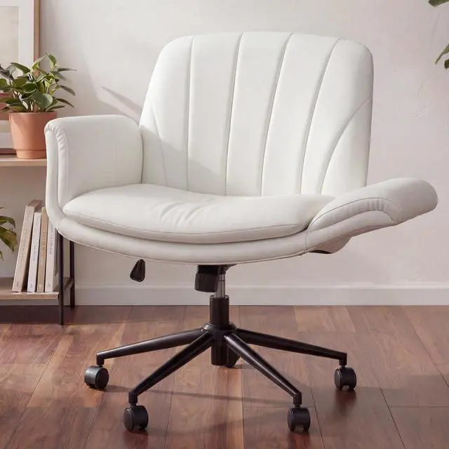 Main image of Criss Cross Chair with Five-Level Adjustable Arms and Wheels - Comfortable Ergonomic PU Leather Swivel Vanity Chair - Computer Makeup Gaming Chair for Home Office, Bedroom, Vanity Room (Beide)