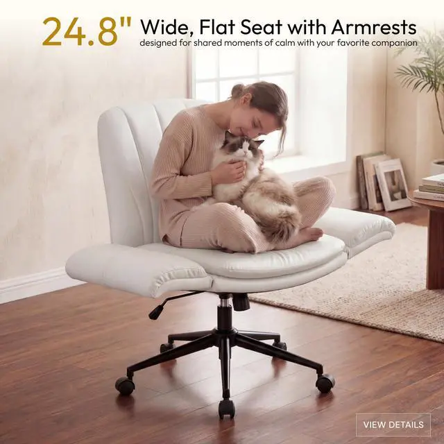 Alt view image 4 of 6 - Criss Cross Chair with Five-Level Adjustable Arms and Wheels - Comfortable Ergonomic PU Leather Swivel Vanity Chair - Computer Makeup Gaming Chair for Home Office, Bedroom, Vanity Room (Beide)