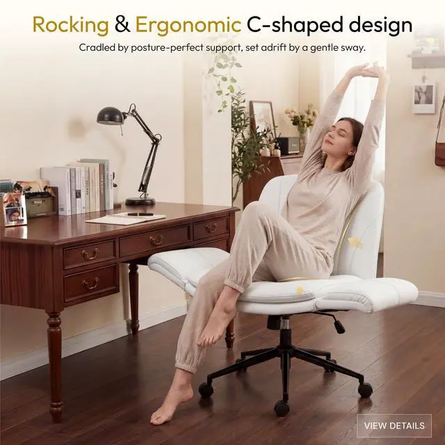 Alt view image 5 of 6 - Criss Cross Chair with Five-Level Adjustable Arms and Wheels - Comfortable Ergonomic PU Leather Swivel Vanity Chair - Computer Makeup Gaming Chair for Home Office, Bedroom, Vanity Room (Beide)