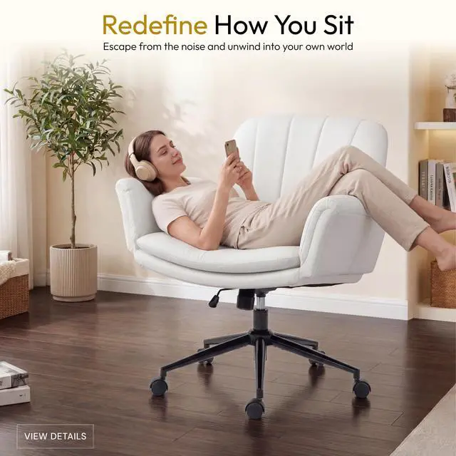 Alt view image 6 of 6 - Criss Cross Chair with Five-Level Adjustable Arms and Wheels - Comfortable Ergonomic PU Leather Swivel Vanity Chair - Computer Makeup Gaming Chair for Home Office, Bedroom, Vanity Room (Beide)