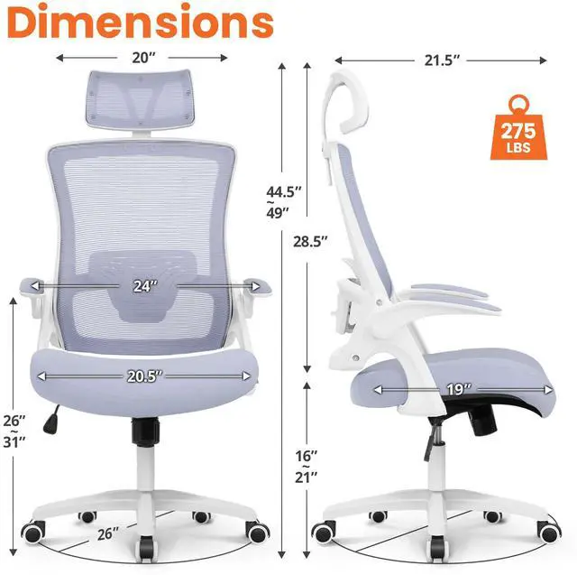 Alt view image 2 of 6 - Office Desk Chair Gaming Computer High Back Support Mesh Comfy Seat with Adjustable Ergonomic Headrest Lumbar Rolling Flip-up Armrests and Wheels (Purple)