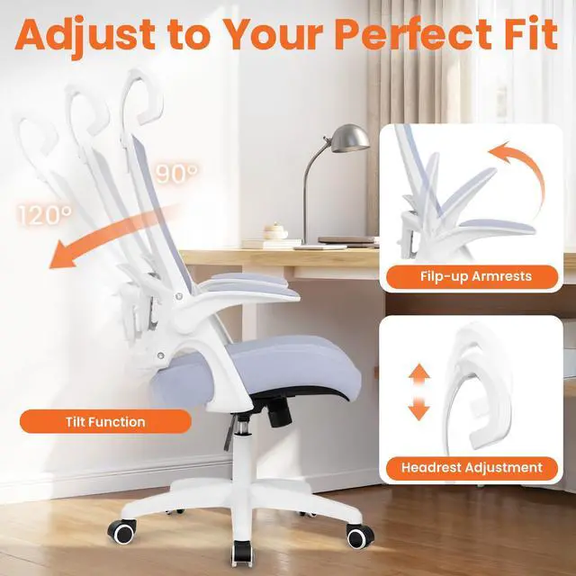Alt view image 5 of 6 - Office Desk Chair Gaming Computer High Back Support Mesh Comfy Seat with Adjustable Ergonomic Headrest Lumbar Rolling Flip-up Armrests and Wheels (Purple)