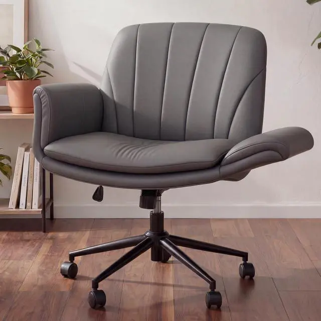 Main image of Criss Cross Chair with Five-Level Adjustable Arms and Wheels - Comfortable Ergonomic PU Leather Swivel Vanity Chair - Computer Makeup Gaming Chair for Home Office, Bedroom, Vanity Room (Grey)