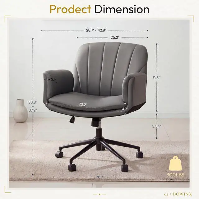 Alt view image 2 of 6 - Criss Cross Chair with Five-Level Adjustable Arms and Wheels - Comfortable Ergonomic PU Leather Swivel Vanity Chair - Computer Makeup Gaming Chair for Home Office, Bedroom, Vanity Room (Grey)