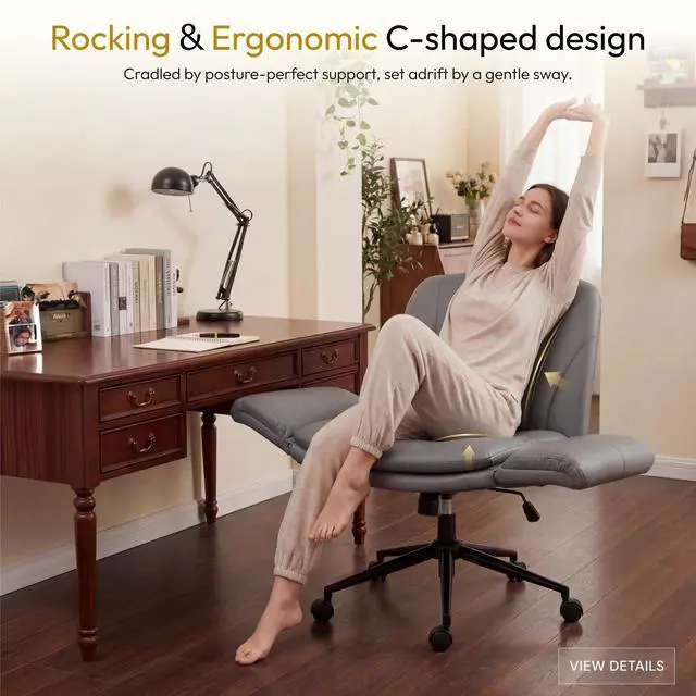 Alt view image 3 of 6 - Criss Cross Chair with Five-Level Adjustable Arms and Wheels - Comfortable Ergonomic PU Leather Swivel Vanity Chair - Computer Makeup Gaming Chair for Home Office, Bedroom, Vanity Room (Grey)