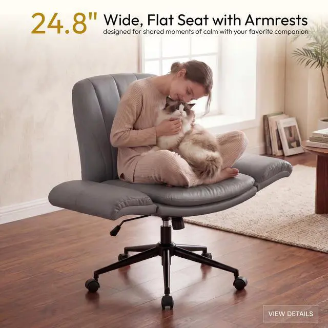 Alt view image 5 of 6 - Criss Cross Chair with Five-Level Adjustable Arms and Wheels - Comfortable Ergonomic PU Leather Swivel Vanity Chair - Computer Makeup Gaming Chair for Home Office, Bedroom, Vanity Room (Grey)