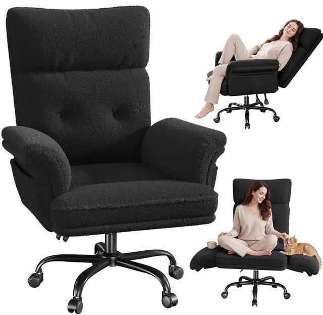 Main image of Criss Cross Chair with Wheels and Arms, Teddy Plush Vanity Chair with Side Pockets, Adjustable Home Office Desk Chairs, Computer Chair for Home, Makeup and Office Use, Black