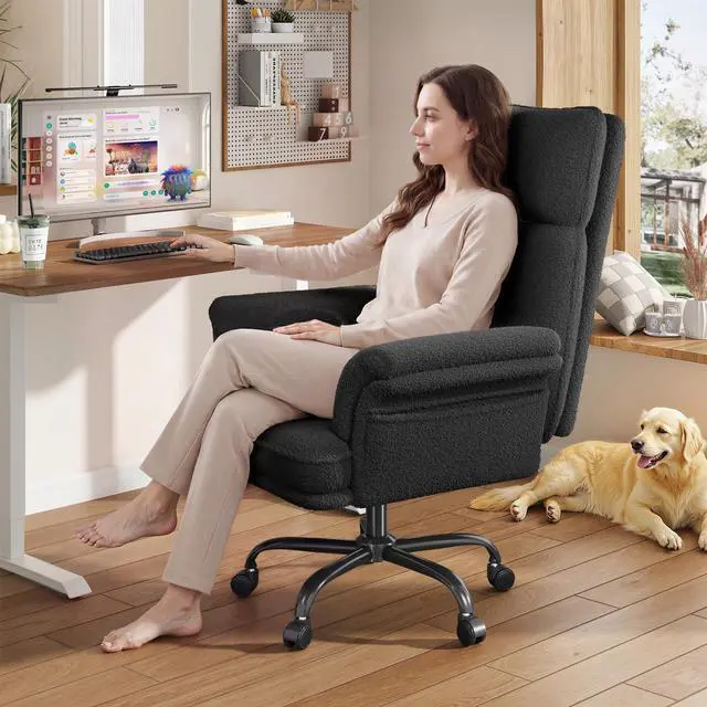 Alt view image 2 of 6 - Criss Cross Chair with Wheels and Arms, Teddy Plush Vanity Chair with Side Pockets, Adjustable Home Office Desk Chairs, Computer Chair for Home, Makeup and Office Use, Black